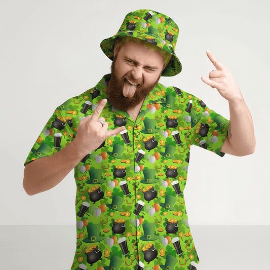 Man with green hair sticking his tongue out, wearing the St Patrick's Day Shit Shirt and matching St Patrick's Day Bucket Hat
