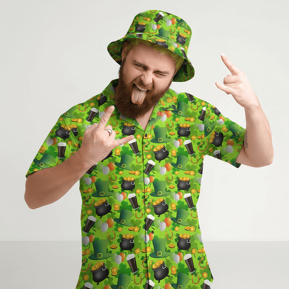 Man with green hair sticking his tongue out, wearing the St Patrick's Day Shit Shirt and matching St Patrick's Day Bucket Hat