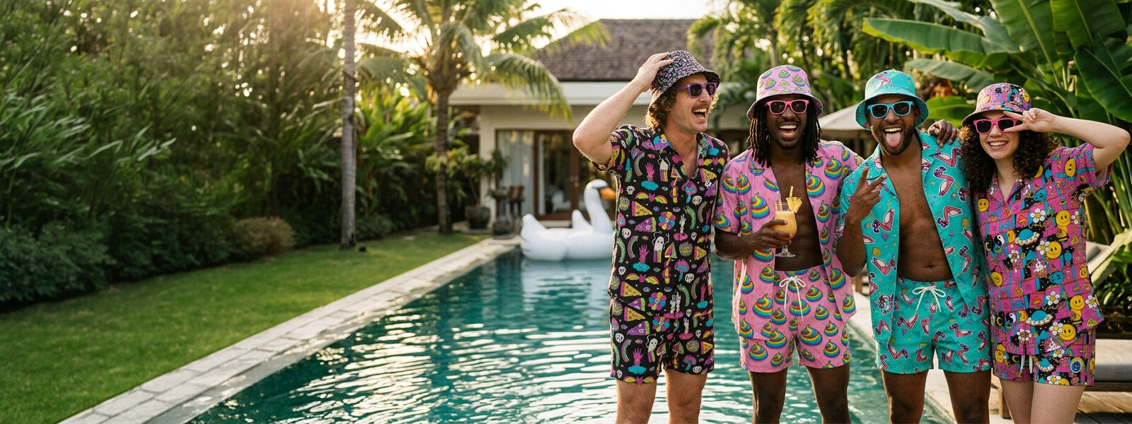 Four men in colorful swim trunks and matching shit shirts standing by a pool with a tropical setting.