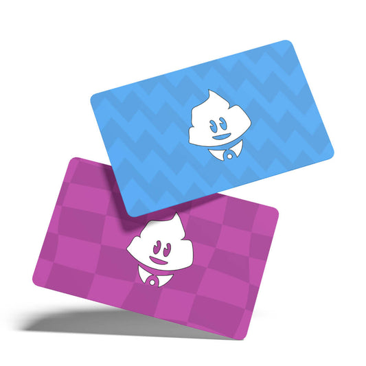 Two rectangular cards—one blue with a zigzag pattern, one purple with a checkerboard design—both feature smiling cartoon faces in ties. The Bad Shirt Club Gift Card is a fun shirt gift for bold-shirt lovers.