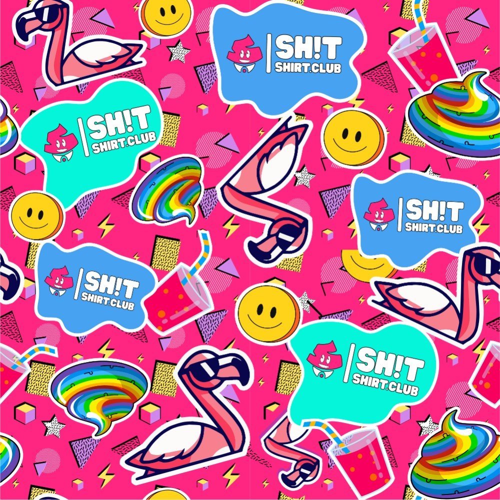 The Badass Bucket Hat features a colorful collage on pink: flamingos in sunglasses, rainbow poop emojis, smiley faces, drinks with straws, and “SH!T SHIRT CLUB” bubbles—your go-to accessory for festivals and bold style.