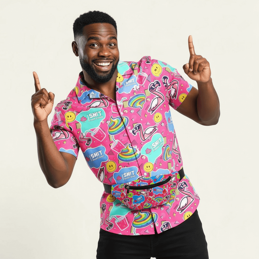 Man wearing a colourful pink shirt with various designs on a white background