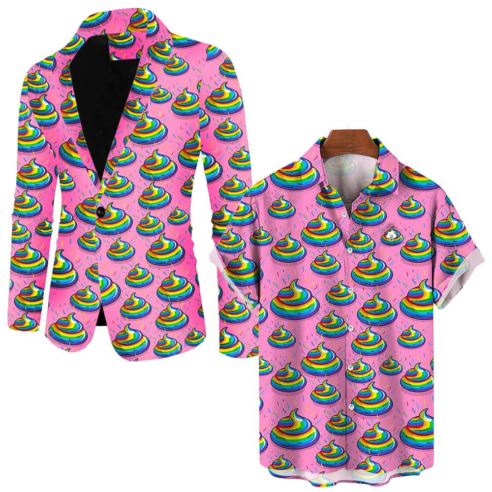 The Unicorn Poo Blazer features a bright pink background and a vibrant rainbow poop emoji pattern. Displayed solo, its paired with a matching short-sleeved shirt hanging nearby on a wooden hanger.