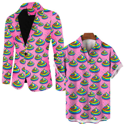 The Unicorn Poo Blazer features a bright pink background and a vibrant rainbow poop emoji pattern. Displayed solo, its paired with a matching short-sleeved shirt hanging nearby on a wooden hanger.