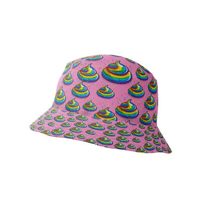 A pink bucket hat with a playful, rainbow poop emoji pattern on a white background, inspired by the Unicorn Poo Shirt.