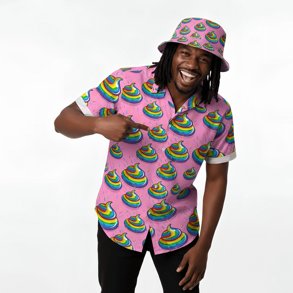 Man wearing the Unicorn Shit Shirt and matching Unicorn Poo Bucket Hat on a white background 