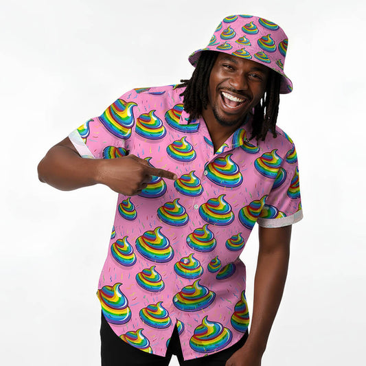 Person wearing a pink shirt and bucket hat with colourful pattern, pointing at themselves.