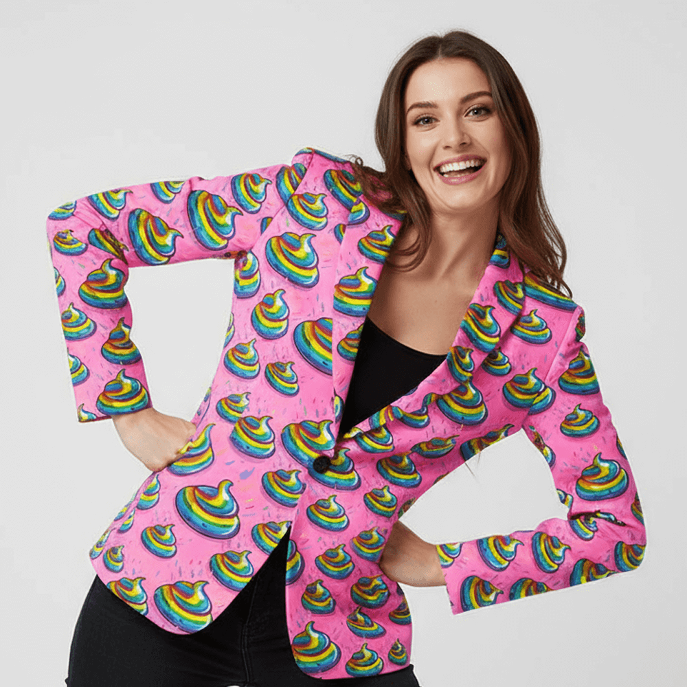 Woman wearing the Unicorn Poo Shit Blazer on a white background