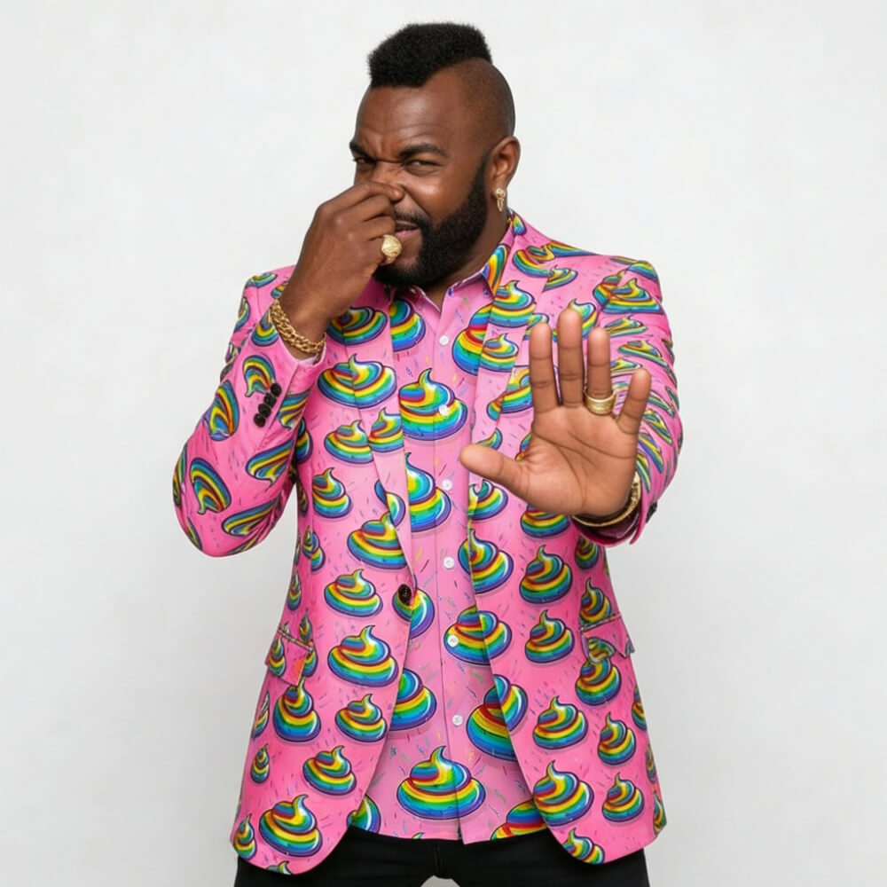 Person wearing a pink jacket with colourful pattern on a white background
