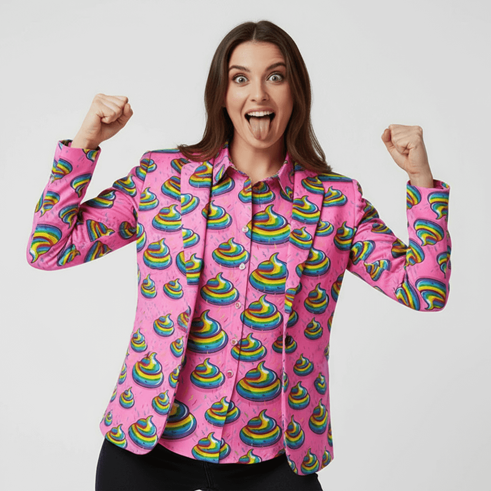 Woman wearing the Unicorn Poo Shit Blazer and Shirt against a grey background 