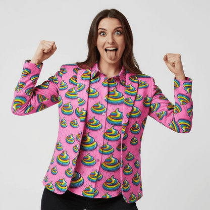 Woman wearing the Unicorn Poo Shit Blazer and Shirt against a grey background 