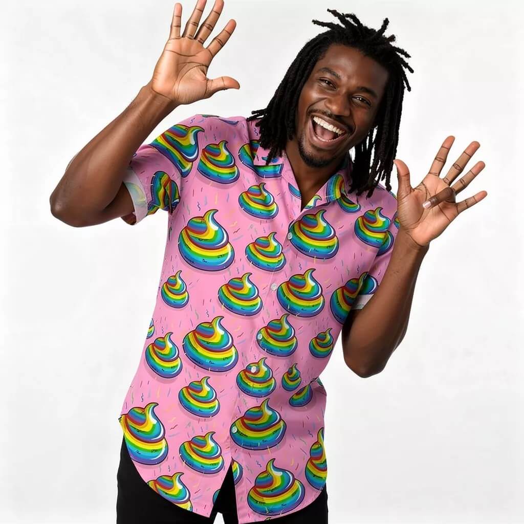 Person wearing a pink shirt with colourful ice cream pattern on a white background