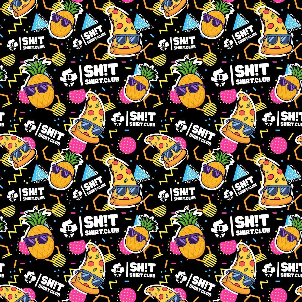 The “Wanna Pizza This Bucket Hat” features a vibrant, repeating pattern of pineapples with sunglasses, pizza slices in bucket hats, tropical drinks, geometric shapes, and “SH!T SHIRT CLUB” logos on a black background.