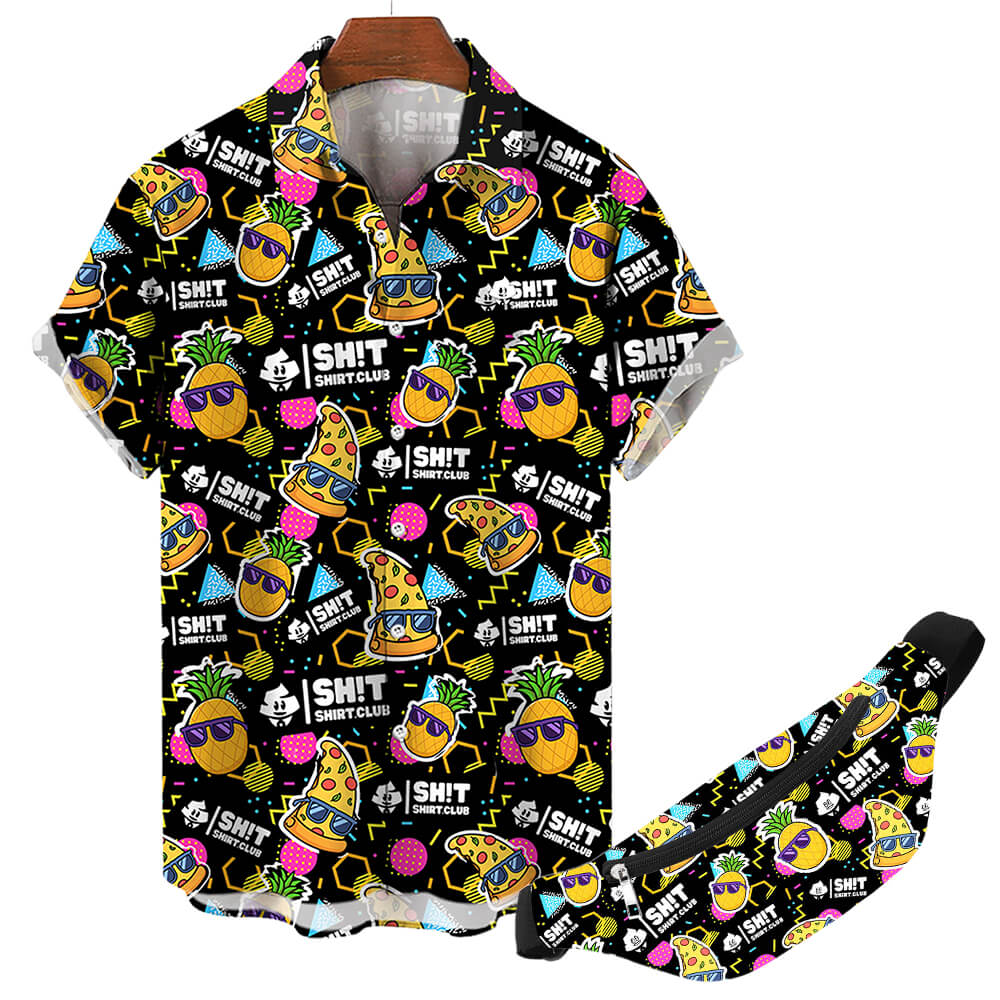 The Wanna Pizza This Shirt is a short-sleeve button-up with playful prints of pineapples, pizzas, sunglasses, and shapes on black, plus the 'SH!T SHIRT CLUB' text for a bold Bad Shirt Club vibe. Matching mask included.