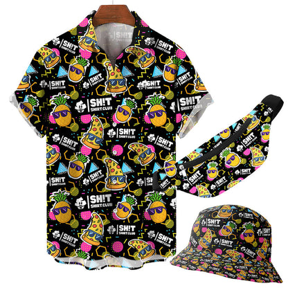 The Wanna Pizza This Shirt set includes a shirt, bucket hat, and fanny pack with cartoon pineapples, pizzas, neon shapes on black, and “Bad Shirt Club” text—making it the ultimate funny matching ensemble.