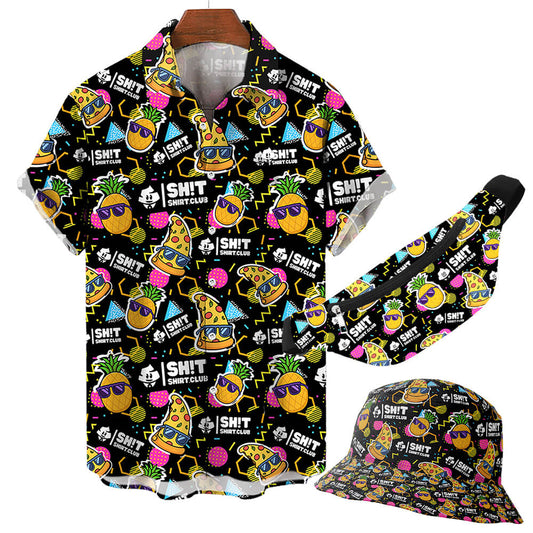 The Wanna Pizza This Shirt set includes a shirt, bucket hat, and fanny pack with cartoon pineapples, pizzas, neon shapes on black, and “Bad Shirt Club” text—making it the ultimate funny matching ensemble.