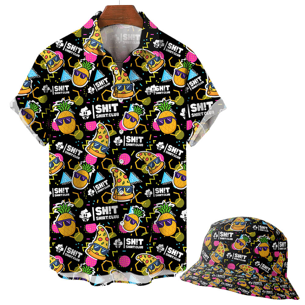 The Wanna Pizza This Shirt is a colorful short-sleeve button-up and matching bucket hat with playful graphics—sunglasses-wearing pineapples, pizza slices, bright shapes on black—and “I SH!T SHIRT CLUB” text, perfect for the Bad Shirt Club.