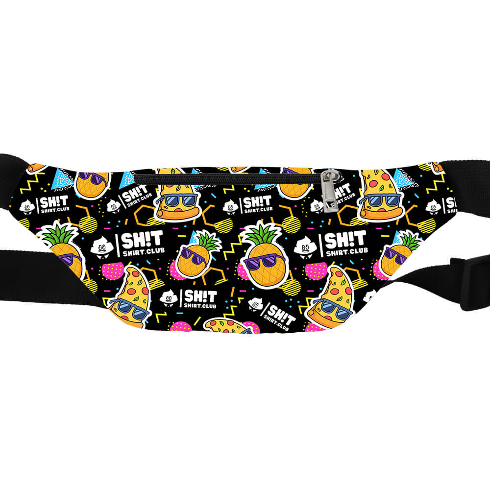 Make a bold statement with the Wanna Pizza This Bum Bag, featuring a playful pizza print, bold graphic accents, Shirt Shirt Club text, front zipper pocket, and adjustable black straps for the perfect fit anywhere you go.