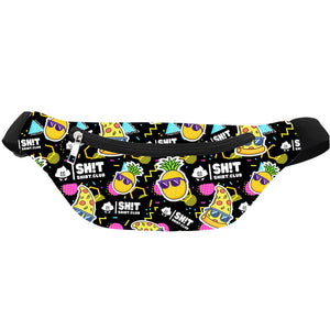 Add a pop of fun to any outfit with the Wanna Pizza This Bum Bag—a black bum bag featuring cartoon pineapples, pizza slices, triangles, white “SH!T SHIRT CLUB” text, and bold geometric patterns. A true statement accessory for playful style!.