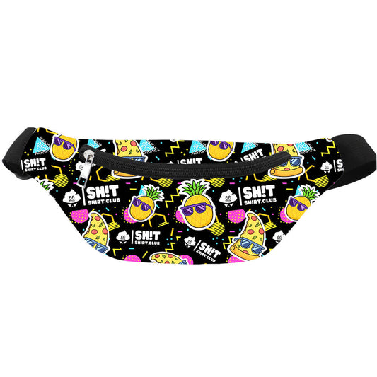 Add a pop of fun to any outfit with the Wanna Pizza This Bum Bag—a black bum bag featuring cartoon pineapples, pizza slices, triangles, white “SH!T SHIRT CLUB” text, and bold geometric patterns. A true statement accessory for playful style!.