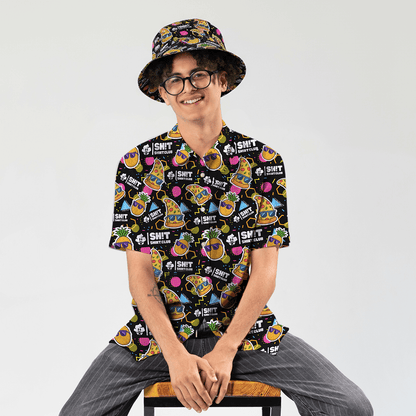 Person wearing the Wanna Pizza This Shit Shirt and matching Wanna Pizza This Bucket Hat sitting on a stool 