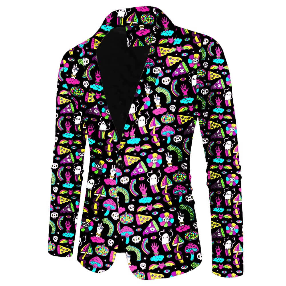 The Shroom Blazer is a black psychedelic jacket with neon pink, yellow, blue, and green patterns of skulls, pizza slices, mushrooms, peace signs, hearts, and hands. It features black lapels and an open front.
