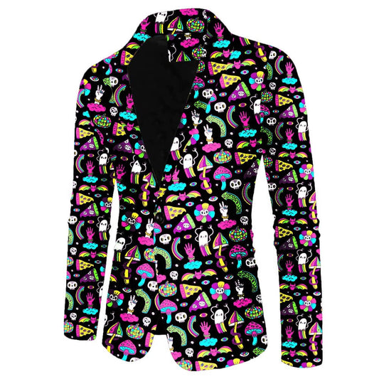 The Shroom Blazer is a black psychedelic jacket with neon pink, yellow, blue, and green patterns of skulls, pizza slices, mushrooms, peace signs, hearts, and hands. It features black lapels and an open front.