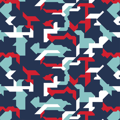 The Combat2Coffee Army Camo Shirt features an abstract geometric pattern with jagged navy blue, white, light blue, and red shapes in a dynamic, angular design inspired by veterans and mental health awareness.