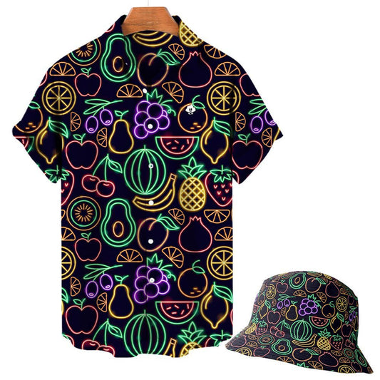 The Fluorescent Fruit Fiesta Shirt is a short-sleeve button-up party shirt with a matching bucket hat, featuring a neon fruit pattern—watermelons, pineapples, cherries, grapes, and citrus slices—on a black background.