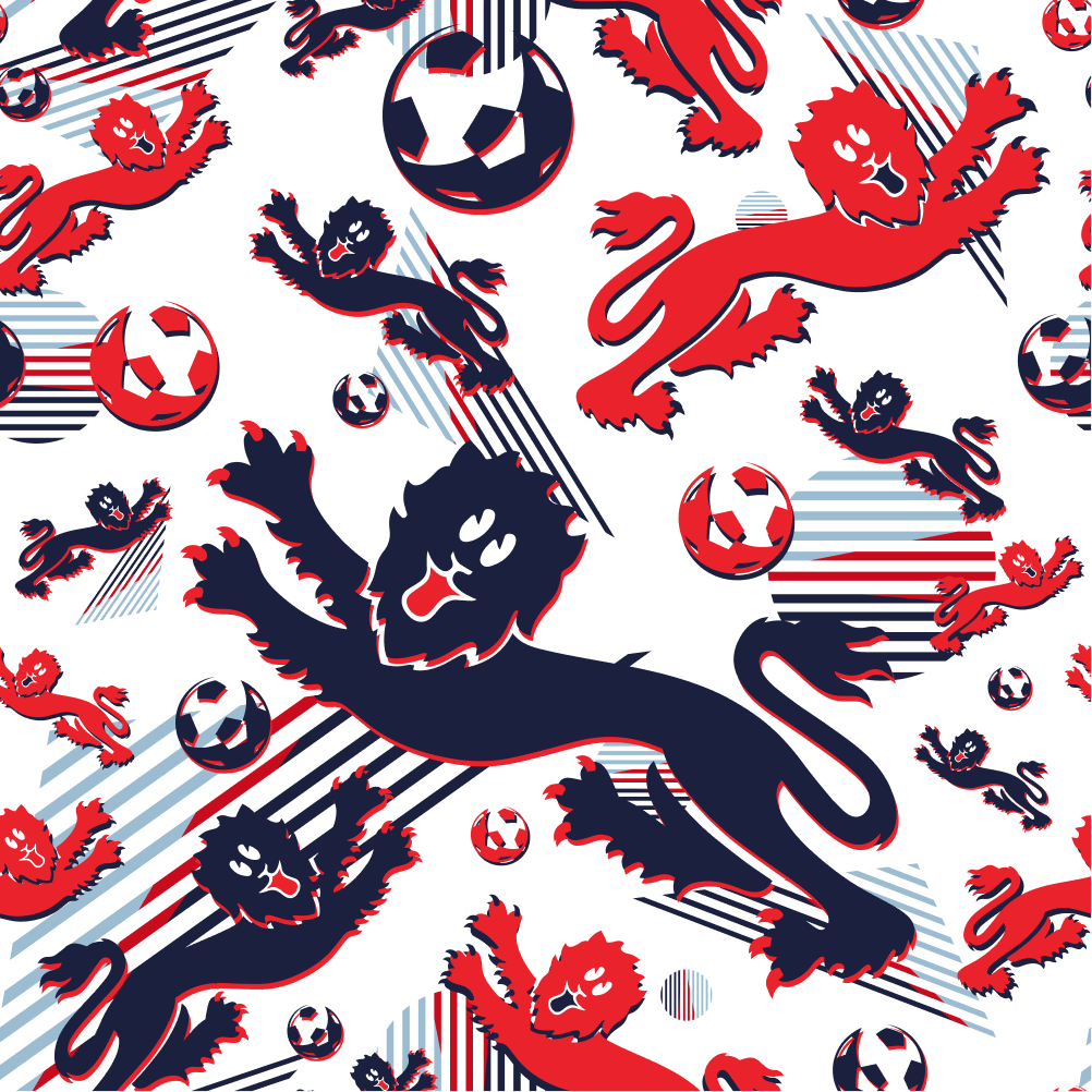 The England Football Hawaiian Shirt features red and navy lions leaping among soccer balls with diagonal lines on white, capturing team spirit and energy—perfect for celebrating football matches.