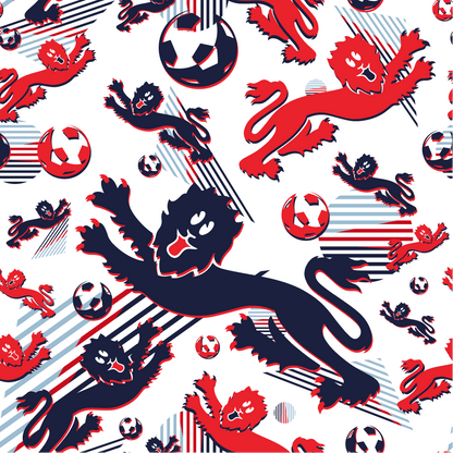 The England Football Hawaiian Shirt features red and navy lions leaping among soccer balls with diagonal lines on white, capturing team spirit and energy—perfect for celebrating football matches.