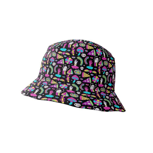 The Shroom Bucket Hat features a vibrant pattern of pizza, mushrooms, hands, eyes, fish, and skulls in pink, purple, teal, yellow & white—making it the perfect standout festival accessory.