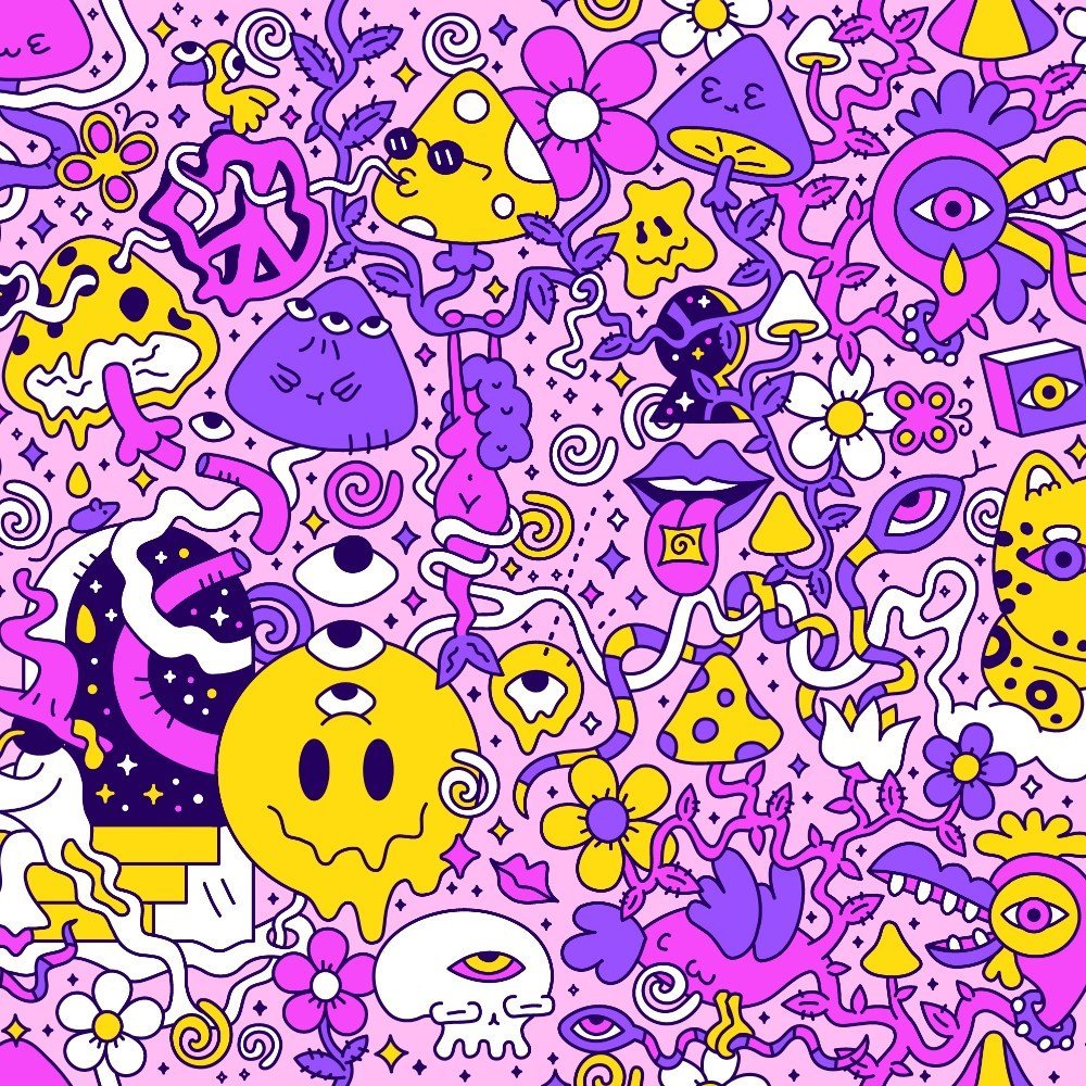 The Magical Psychedelic Shirt features a playful, whimsical design with cartoon yellow, purple, and pink mushrooms, eyes, faces, flowers, stars, and abstract shapes on a light pink background.