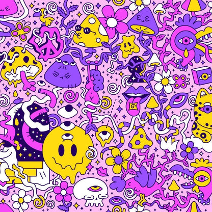 The Magical Psychedelic Shirt features a playful, whimsical design with cartoon yellow, purple, and pink mushrooms, eyes, faces, flowers, stars, and abstract shapes on a light pink background.