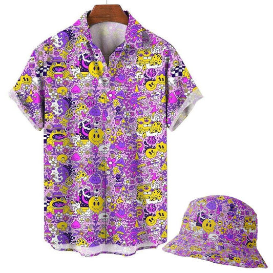 The Magical Psychedelic Shirt is a short-sleeved button-up with vibrant purple, yellow, and white cartoon prints—smiley faces, hearts, stars, and doodles. Displayed on a white background with a matching patterned bucket hat.