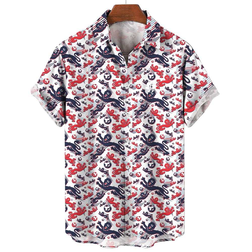 The England Football Hawaiian Shirt is a short-sleeved button-up with a white background, decorated with navy blue and red octopus and sea creature patterns, shown on a hanger.