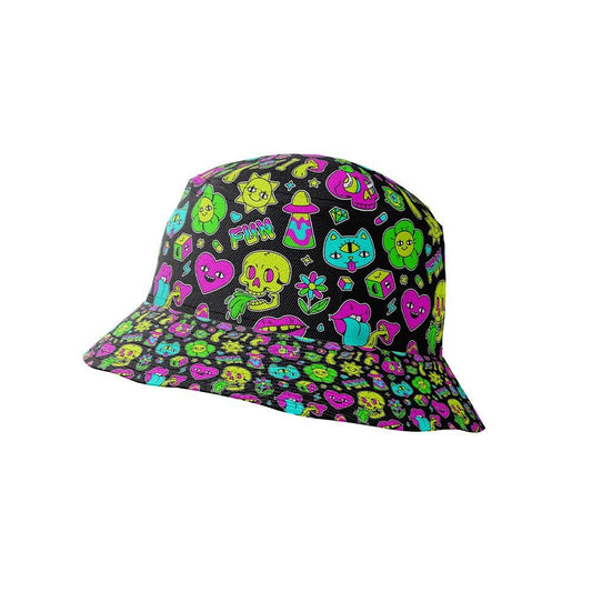 The Black Out Mushroom Bucket Hat features a vibrant hallucinogenic print with neon pink, green, blue, and yellow cartoon flowers, hearts, mushrooms, and playful characters.