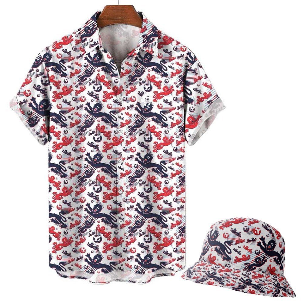 Show your England pride with this Hawaiian shirt set, featuring a white base and red/navy sea life print inspired by the classic football shirt—perfect for match day. Shirt and bucket hat both sport matching designs.