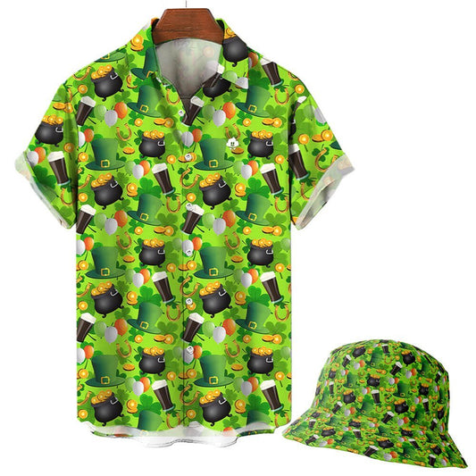 A St Patrick’s Day Bucket Hat featuring pots of gold, leprechaun hats, horseshoes, and shamrocks is displayed on a hanger against a crisp white background.