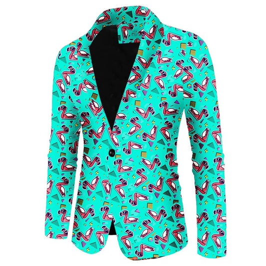 The Flamingo Fandango Blazer features playful pink flamingos, sunglasses, and vibrant shapes on turquoise, with a black inner lining and single button closure—a bold, fun statement jacket.