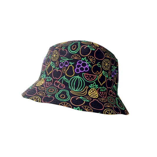 The Fluorescent Fruit Fiesta Bucket Hat is a unisex black hat with neon fruit designs—apples, oranges, grapes, pineapples, pears, watermelons, and lemons—displayed on a plain white background.