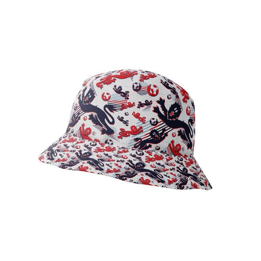 The England Football Bucket Hat is white with a fun red and black abstract animal and shape pattern scattered on the fabric.