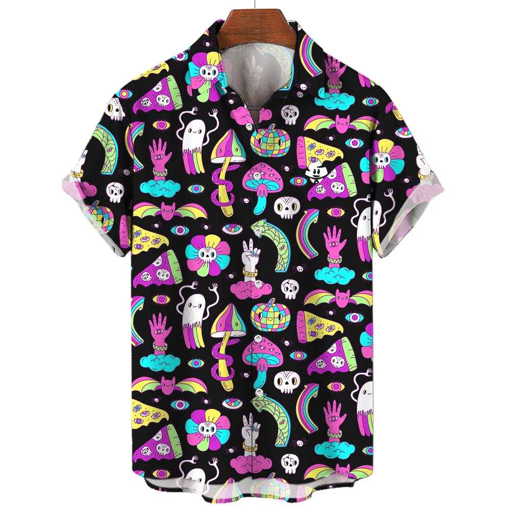 The Shroom Shirt is a short-sleeve button-up with a black base, decorated with neon pink, blue, yellow, and green cartoon mushrooms, clouds, rainbows, skulls, stars, and whimsical creatures.