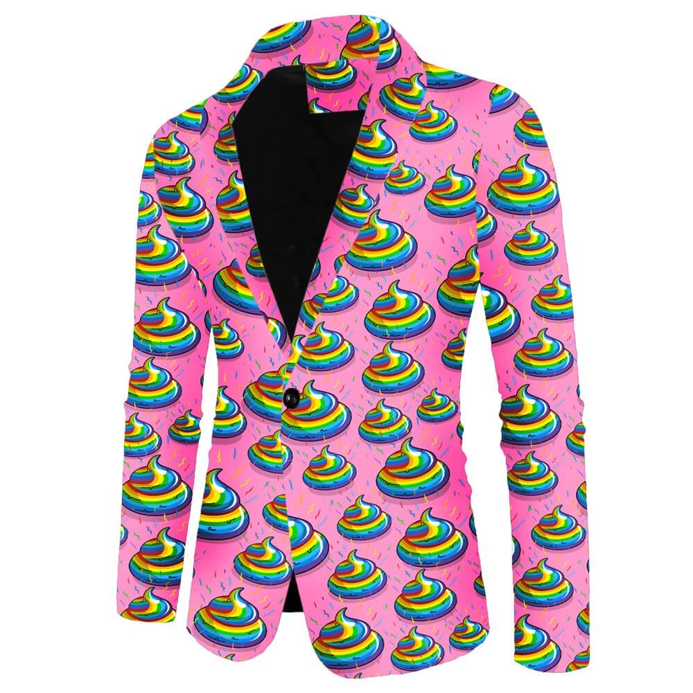 Stand out in the Unicorn Poo Blazer—a bold pink suit jacket with rainbow poop emojis and sprinkles, finished with a black lining and single-button closure.