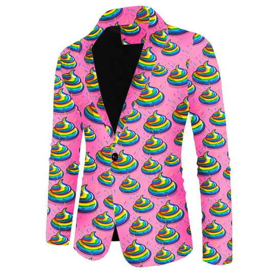 Stand out in the Unicorn Poo Blazer—a bold pink suit jacket with rainbow poop emojis and sprinkles, finished with a black lining and single-button closure.