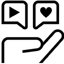 A simple black and white icon of an open hand facing upward, with two speech bubbles above it—one containing a play button and the other a heart.